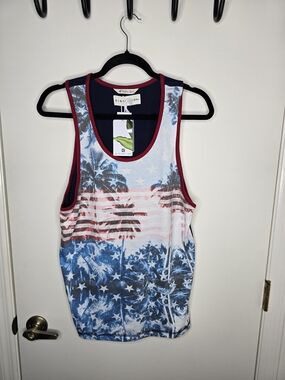 Distortion  Blue Palm-Print Men's Tank Top - Red Trim